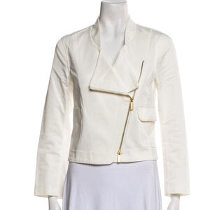 Women's Psophia White Cropped Cotton Motorcycle Jacket with Gold Zipper, Size M